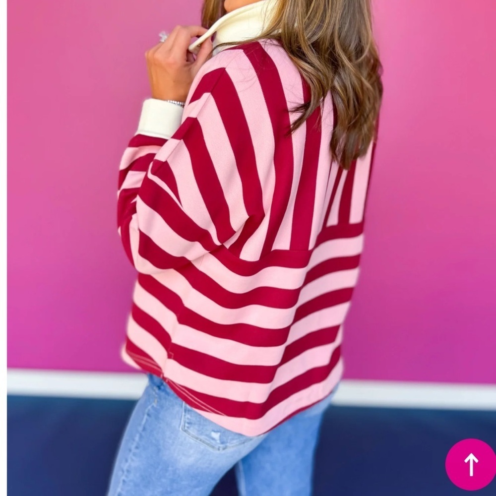 SSYS Landon Color Block Stripe Rugby Top in Light Pink Maroon NWT - Picture 4 of 5